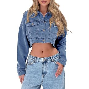 Imily Bela Womens Cropped Denim Jacket Long Sleeve Button Down Washed Jean Jacket Coat with Pockets