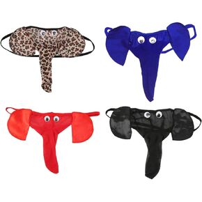 4-Pack Men Lingerie G-String T-Back Thongs Underwear Elephant Pants Briefs Bottom 4 Piece Set (Black Blue Red Leopard)