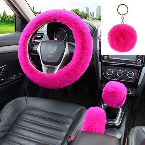 4PCS Set Fluffy Steering Wheel Covers with Handbrake Cover&Gear Shift Cover&Plush Keychain Furry Steering Wheel Cover for Women Girl Fashion Warm Car Wheel Protector Fit Most Car (Black)