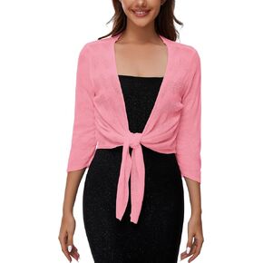 Women's Tie Front Bolero Crochet Cardigan Shrug Sweater 3/4 Sleeve Knotted Lightweight Short Shawl Top