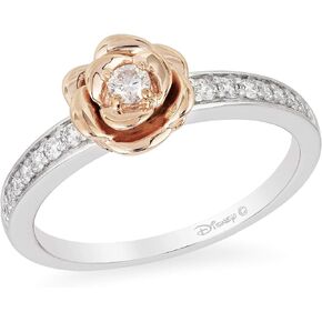 Jewelili Enchanted Disney Fine Jewelry Sterling Silver and 10K Rose Gold 1/5 Cttw Diamond Belle Rose Ring