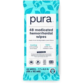 Pura Flushable Hemorrhoid Wipes, 2 x 48 Wipes (96 Wipes), Medicated Wipes with 50% Cooling Witch Hazel, Soothing Coconut Oil & Aloe Vera, Fast Acting Relief, 100% Plastic Free, Fragrance Free