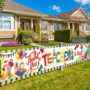 HOWAF Teacher Appreciation Week Decoration Yard Sign Banner, Thank You Teachers and Staff We Appreciate You Fence Banner for School Decoration, Long Fabric Teacher's Day Yard Sign