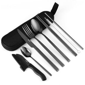 أدوات السفر مع حقيبة، مجموعة أدوات مائدة للتخييم مكونة من 9 قطع مع حقيبة حمل مدمجة، مجموعة أدوات فضية من الفولاذ المقاوم للصدأ 18/0 قابلة لإعادة الاستخدام، مجموعة أدوات مسطحة محمولة للعمل والتخييم المدرسي والسفر باللون الأسود in Kuwait