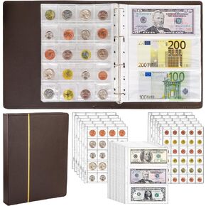 Jucoan Coin Collection Album, 360 Pockets Coin Currency Collecting Album for Collectors, 60 Pockets Paper Money Stamp + 300 Pockets Coin Holder Books, Coin Collection Supplies, Brown