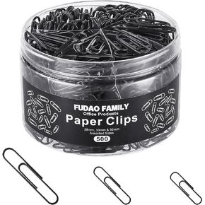 500pcs Paper Clips Assorted Sizes, Small, Medium and Large（1.1inch, 1.3inch and 2inch) Paper Clips, Vinyl Coated Paperclips for Office, School, Home Supplies (Black)