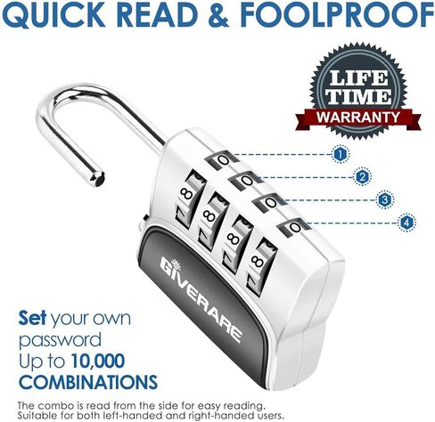 قفل مجمع مكون من قطعتين من GIVERARE، قفل بدون مفتاح مكون من 4 أرقام، أقفال أمتعة قابلة لإعادة الضبط لحقيبة الظهر، وخزانة الصالة الرياضية والمدرسة والموظفين، قفل سفر مقاوم للطقس للسياج، وبوابة الفناء الخلفي، ومشبك، وحقيبة فضية in Kuwait