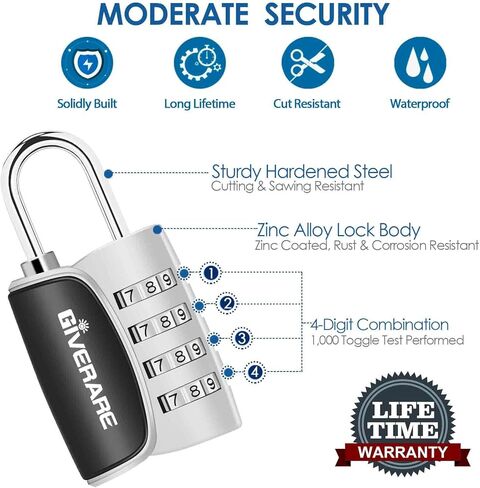 قفل مجمع مكون من قطعتين من GIVERARE، قفل بدون مفتاح مكون من 4 أرقام، أقفال أمتعة قابلة لإعادة الضبط لحقيبة الظهر، وخزانة الصالة الرياضية والمدرسة والموظفين، قفل سفر مقاوم للطقس للسياج، وبوابة الفناء الخلفي، ومشبك، وحقيبة فضية in Kuwait