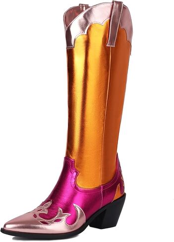 Colorblock Metallic Boots for Women Chunky Heel Cowboy Boots Patchwork Chrome Boots Mid Calf Pull on in Saudi Arabia