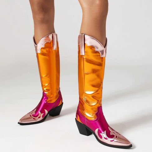 Colorblock Metallic Boots for Women Chunky Heel Cowboy Boots Patchwork Chrome Boots Mid Calf Pull on in Saudi Arabia