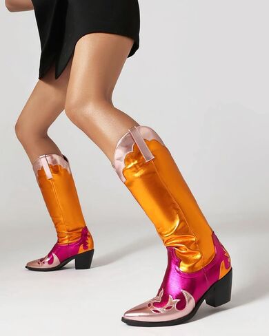 Colorblock Metallic Boots for Women Chunky Heel Cowboy Boots Patchwork Chrome Boots Mid Calf Pull on in Saudi Arabia