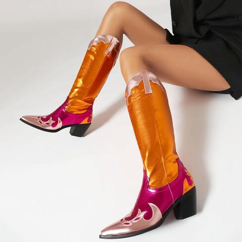 Colorblock Metallic Boots for Women Chunky Heel Cowboy Boots Patchwork Chrome Boots Mid Calf Pull on in Saudi Arabia