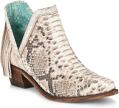CORRAL Women's LD Natural Python Fringe Shoe 4.5" Shaft Leather Sole Pointed Toe Python/Cowhide Leather Urban Bootie, White Size 10 in Saudi Arabia