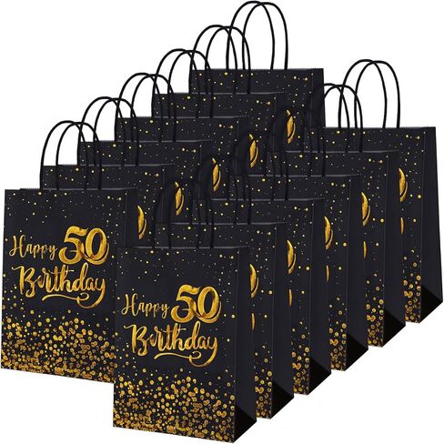 MIMIND 24 Pieces Black Gold 50th Birthday Gift Bags Kraft Paper Bags Party Favor Bags Goodie Candy Bags for Birthday Wedding Party Supplies in Saudi Arabia