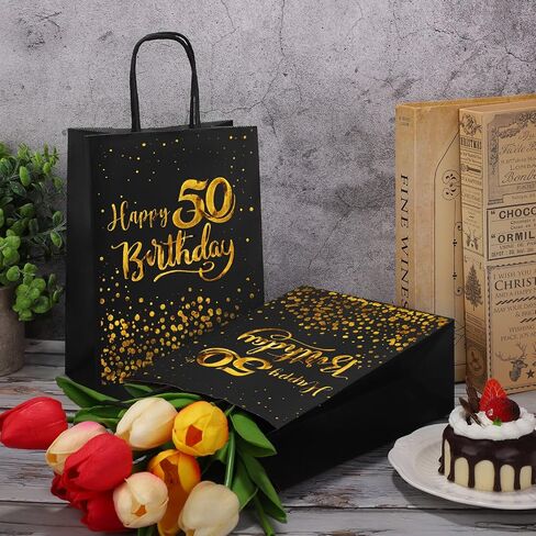 MIMIND 24 Pieces Black Gold 50th Birthday Gift Bags Kraft Paper Bags Party Favor Bags Goodie Candy Bags for Birthday Wedding Party Supplies in Saudi Arabia