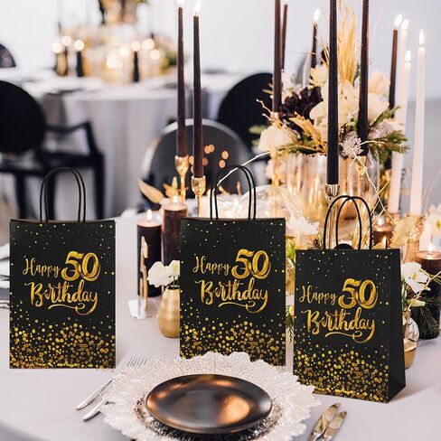 MIMIND 24 Pieces Black Gold 50th Birthday Gift Bags Kraft Paper Bags Party Favor Bags Goodie Candy Bags for Birthday Wedding Party Supplies in Saudi Arabia