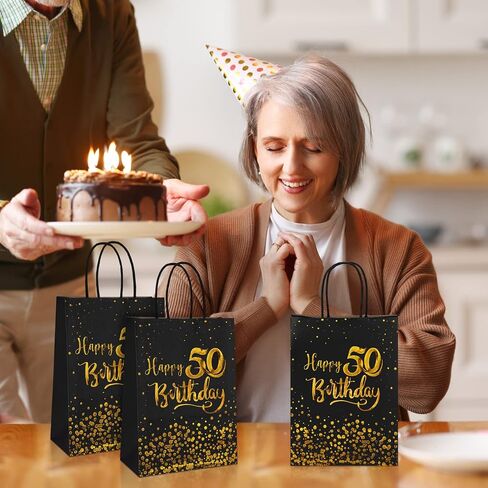 MIMIND 24 Pieces Black Gold 50th Birthday Gift Bags Kraft Paper Bags Party Favor Bags Goodie Candy Bags for Birthday Wedding Party Supplies in Saudi Arabia