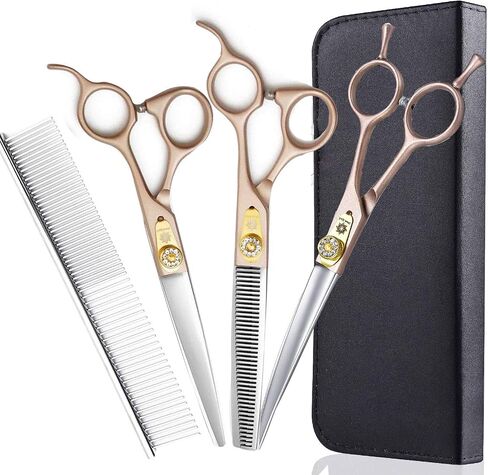 7 Inches Professional Pet Grooming Scissor, 440C Japanese Steel Straight & Curved & Thinning & Chunker Shears/Scissors for Dog Cat and More Pets (7 inch-Grooming Scissors Set) in Saudi Arabia