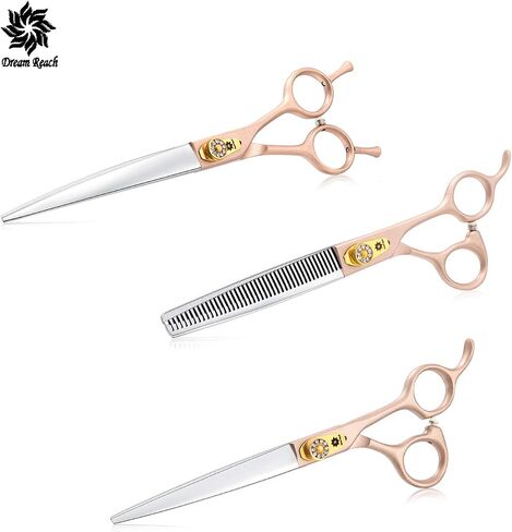 7 Inches Professional Pet Grooming Scissor, 440C Japanese Steel Straight & Curved & Thinning & Chunker Shears/Scissors for Dog Cat and More Pets (7 inch-Grooming Scissors Set) in Saudi Arabia