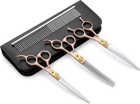 7 Inches Professional Pet Grooming Scissor, 440C Japanese Steel Straight & Curved & Thinning & Chunker Shears/Scissors for Dog Cat and More Pets (7 inch-Grooming Scissors Set) in Saudi Arabia