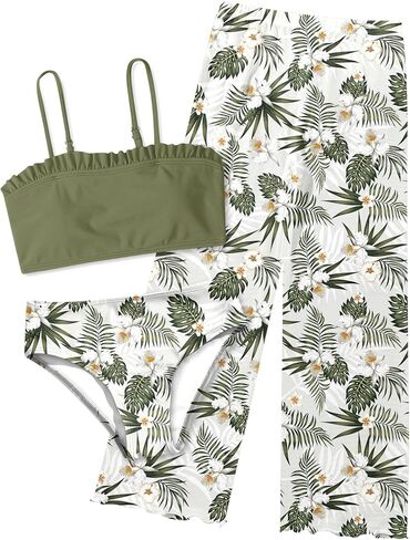 Hawaiian Bikini Army Green Swimwear for Girls 6 8 Year Old Palm Leaf Swimsuits Size 9 Kids Quick Dry High Waist Bathing Suits with Mesh Pants Little Girl's 3 Pieces Rash Guard Sunsuits Vacation Party in Saudi Arabia