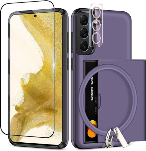 حافظة SAMONPOW لهاتف Samsung Galaxy S22+ Plus مع واقي شاشة + غطاء كاميرا + حبل 5 في 1 لهاتف Samsung Galaxy S22 Plus حافظة هاتف محفظة وحامل بطاقات حافظة مقاومة للصدمات لهاتف Samsung S22 Plus 5G 6.6 بوصة in Kuwait