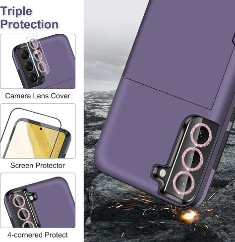 حافظة SAMONPOW لهاتف Samsung Galaxy S22+ Plus مع واقي شاشة + غطاء كاميرا + حبل 5 في 1 لهاتف Samsung Galaxy S22 Plus حافظة هاتف محفظة وحامل بطاقات حافظة مقاومة للصدمات لهاتف Samsung S22 Plus 5G 6.6 بوصة in Kuwait