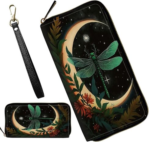 Wristlet Wallets for Women, Ladies Wallet Clutch Purse with Removable Wrist Strap Zip Around Large Capacity Card Holder Cash Pocket Cellphone Purse Travel Wristlet Bag, Dragonfly Moon in Saudi Arabia