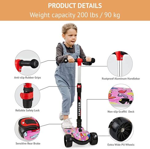 Scooter for Kids Ages 3-12, Foldable & Height Adjustable Kids Scooter with Graffiti Bodywork, Non-Slip Deck and Extra Wide PU Light-up Wheels (200 Lbs Weight Capacity) in Saudi Arabia