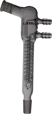 مكثف ارتداد زجاجي من Laboy مزود بمفصل خارجي بزاوية 14/20 ومفصل داخلي سفلي بطول 100 مم في الملف مع وصلات خرطوم 8 مم، جهاز زجاجي لمختبر الكيمياء العضوية in Kuwait