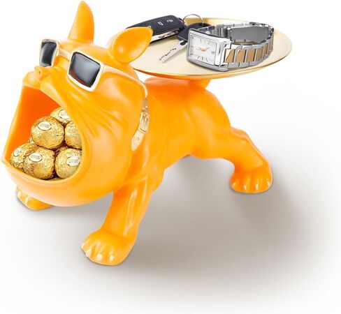 طبق حلوى البلدغ الفرنسي: تمثال البلدغ من الراتنج مع صينية لتزيين طاولة المدخل وتخزين العناصر الصغيرة، وعاء حامل مفاتيح البلدغ (رمادي) in Kuwait