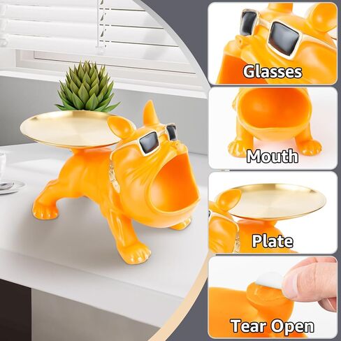 طبق حلوى البلدغ الفرنسي: تمثال البلدغ من الراتنج مع صينية لتزيين طاولة المدخل وتخزين العناصر الصغيرة، وعاء حامل مفاتيح البلدغ (رمادي) in Kuwait