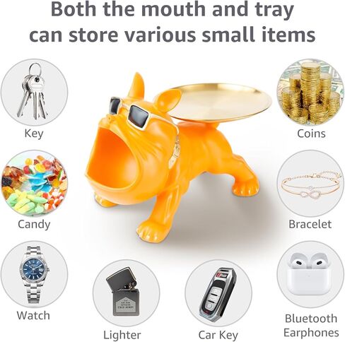 طبق حلوى البلدغ الفرنسي: تمثال البلدغ من الراتنج مع صينية لتزيين طاولة المدخل وتخزين العناصر الصغيرة، وعاء حامل مفاتيح البلدغ (رمادي) in Kuwait