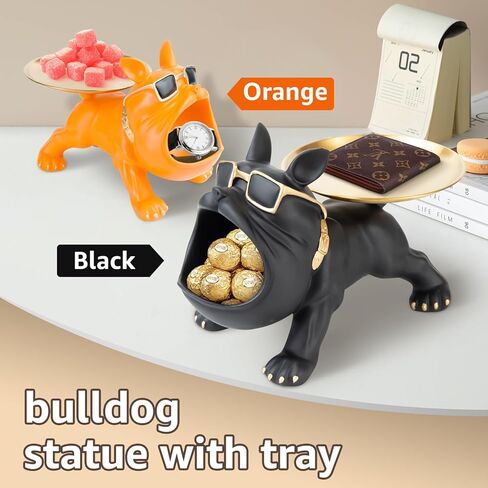 طبق حلوى البلدغ الفرنسي: تمثال البلدغ من الراتنج مع صينية لتزيين طاولة المدخل وتخزين العناصر الصغيرة، وعاء حامل مفاتيح البلدغ (رمادي) in Kuwait