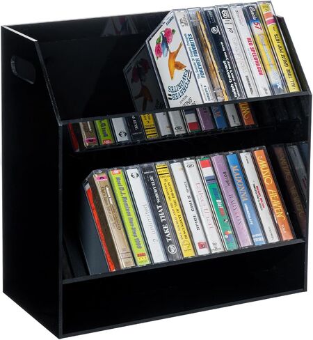 MyGift 2 Tier Modern Premium Black Acrylic Compact Cassettes Holder with Cutout Carrying Handles, Retro Audio Cassette Deck Tapes Storage Display Rack Stand in Kuwait