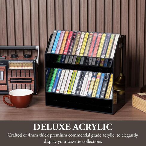 MyGift 2 Tier Modern Premium Black Acrylic Compact Cassettes Holder with Cutout Carrying Handles, Retro Audio Cassette Deck Tapes Storage Display Rack Stand in Kuwait