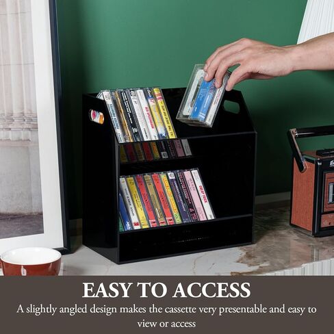 MyGift 2 Tier Modern Premium Black Acrylic Compact Cassettes Holder with Cutout Carrying Handles, Retro Audio Cassette Deck Tapes Storage Display Rack Stand in Kuwait
