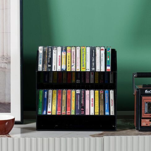 MyGift 2 Tier Modern Premium Black Acrylic Compact Cassettes Holder with Cutout Carrying Handles, Retro Audio Cassette Deck Tapes Storage Display Rack Stand in Kuwait
