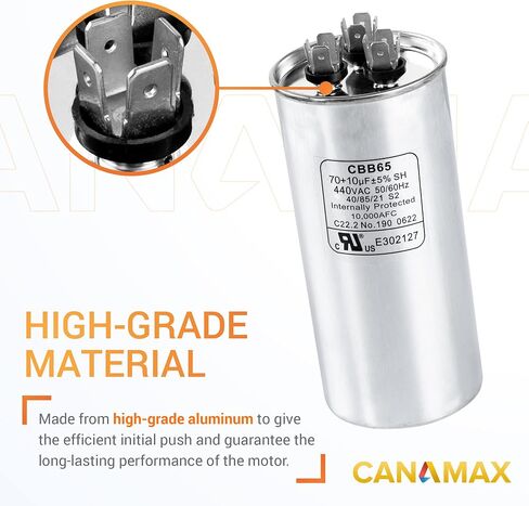Canamax Premium 5uF mfd ±5% 370-440VAC مكثف تشغيل بيضاوي - مناسب تمامًا لتشغيل محرك التيار المتردد أو تشغيل المروحة ومكيف الهواء البارد أو المضخة الحرارية - يستبدل 97F5705 Z97F5705 97F95702 Z97F5702 in Kuwait