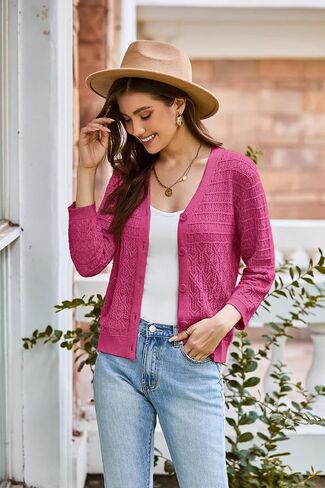 GRACE KARIN 2024 Women's 3/4 Sleeve Crochet Knit Button Down Cardigan Cropped Shrug Bolero Lightweight Sweaters Tops Rose Red M in Saudi Arabia