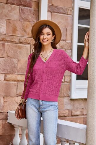 GRACE KARIN 2024 Women's 3/4 Sleeve Crochet Knit Button Down Cardigan Cropped Shrug Bolero Lightweight Sweaters Tops Rose Red M in Saudi Arabia