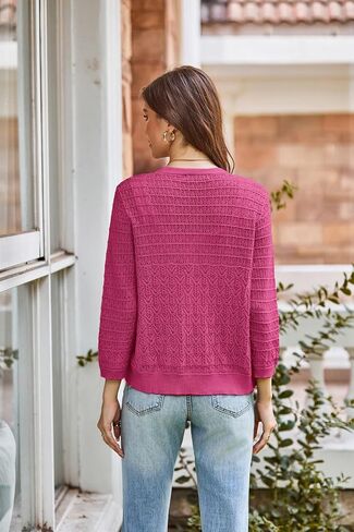 GRACE KARIN 2024 Women's 3/4 Sleeve Crochet Knit Button Down Cardigan Cropped Shrug Bolero Lightweight Sweaters Tops Rose Red M in Saudi Arabia