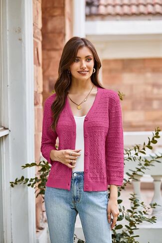 GRACE KARIN 2024 Women's 3/4 Sleeve Crochet Knit Button Down Cardigan Cropped Shrug Bolero Lightweight Sweaters Tops Rose Red M in Saudi Arabia
