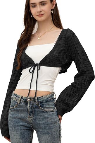 Velius Women's Long Sleeve Tie Front Hollow Out Knitted Crochet Cardigan Crop Top in Saudi Arabia