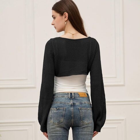 Velius Women's Long Sleeve Tie Front Hollow Out Knitted Crochet Cardigan Crop Top in Saudi Arabia