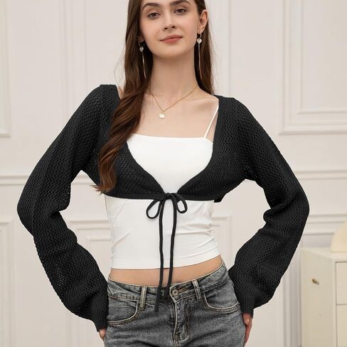 Velius Women's Long Sleeve Tie Front Hollow Out Knitted Crochet Cardigan Crop Top in Saudi Arabia