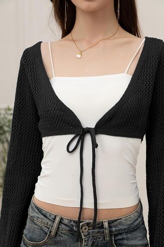 Velius Women's Long Sleeve Tie Front Hollow Out Knitted Crochet Cardigan Crop Top in Saudi Arabia