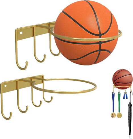 Basketball Holder, Ball Holder Wall Mount Organizer Room Decoration for Basketball, Volleyball, Football Wall Mount Gold-2PCS in Kuwait