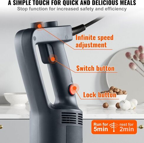 VEVOR Commercial Immersion Blender, 350W Heavy Duty Hand Mixer, 10 inch Stepless Variable Speed Mixer with Stainless Steel Blade, Multi-Purpose Portable Mixer for Soup, Sauces, Mashed Potatoes, Cream in Saudi Arabia