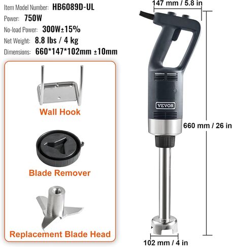 VEVOR Commercial Immersion Blender, 350W Heavy Duty Hand Mixer, 10 inch Stepless Variable Speed Mixer with Stainless Steel Blade, Multi-Purpose Portable Mixer for Soup, Sauces, Mashed Potatoes, Cream in Saudi Arabia